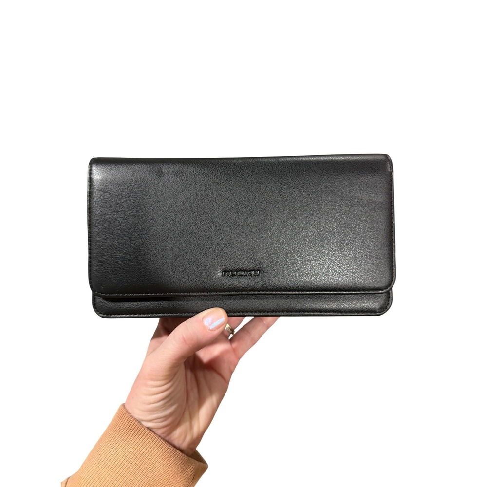 NUOKU Black Leather Wallet Clutch Chain Strap